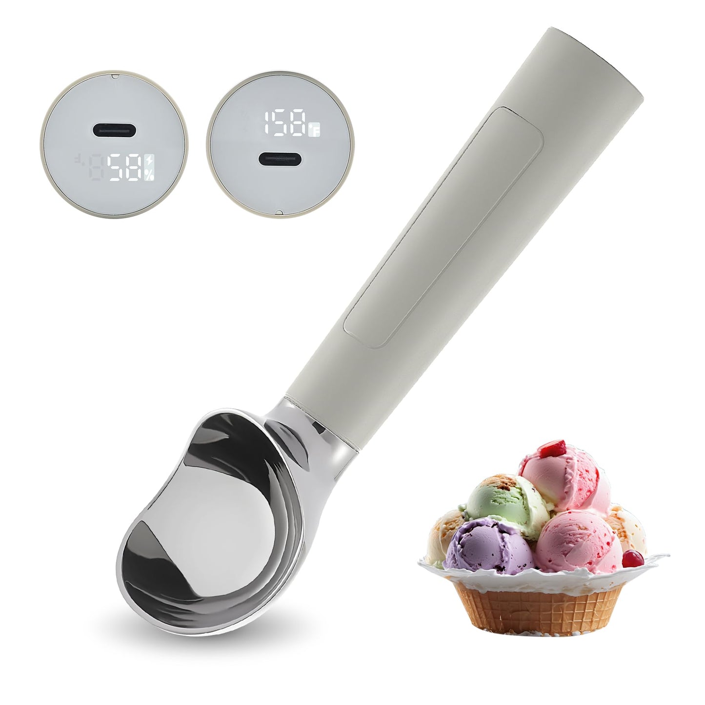 Heated Ice Cream Scoop Rechargeable, Electric Warming Ice Cream Scooper with LED Display, Heats to 158°F for Hard Ice Cream, Easy for Seniors & Kids, IP67 Waterproof (White, 2 oz)