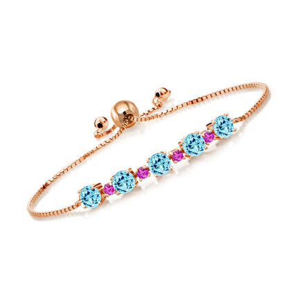 Gem Stone King Gemstone Birthstone and Pink Sapphire Tennis Bracelet 18K Rose Gold Plated Silver | Round 5MM and 2.5MM | Adjustable Bolo Design | Easy-On Easy-Off
