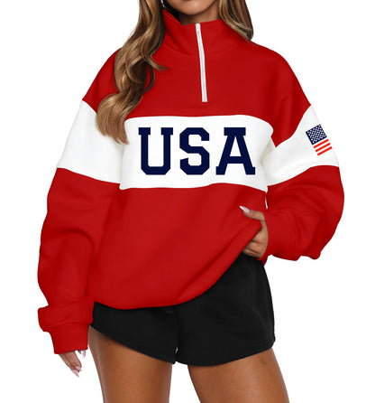 LEEDYA Women Long Sleeve American Flag Sweatshirts Half Zip USA Sweater