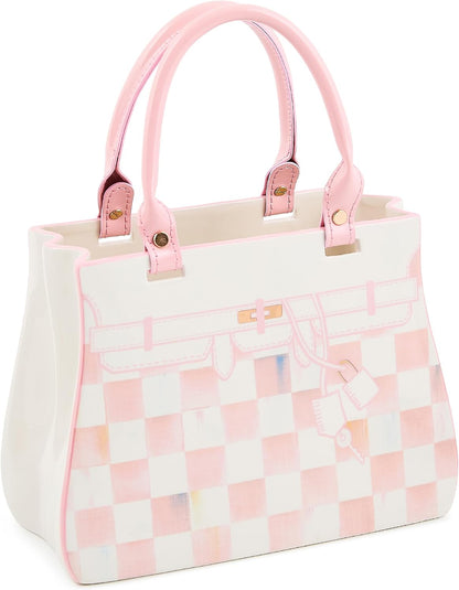 MACKENZIE-CHILDS Ceramic Handbag Vase, Pink-and-White Rosy Check Doodles | Hand-painted design, unique flower vase decor, bouquet holder for living room, 5" W x 10.5" L x 12" H