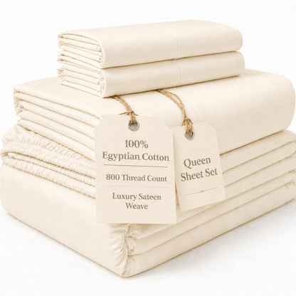100% Egyptian Cotton Sheets King Size Sheets Set with Fully Elasticated 15" Deep Fitted Sheet & Pillowcase Sets, 800TC Sateen Weave Hotel Collection King Sheet Set, Soft Luxury White Bedding