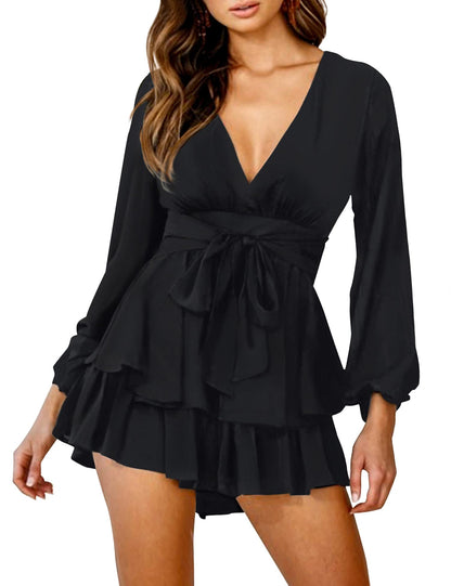AIMCOO Women's Floral Print Deep V-Neck Romper Double Layer Ruffle Hem Jumpsuits Long Baggy Sleeves Waist Tie Short Rompers