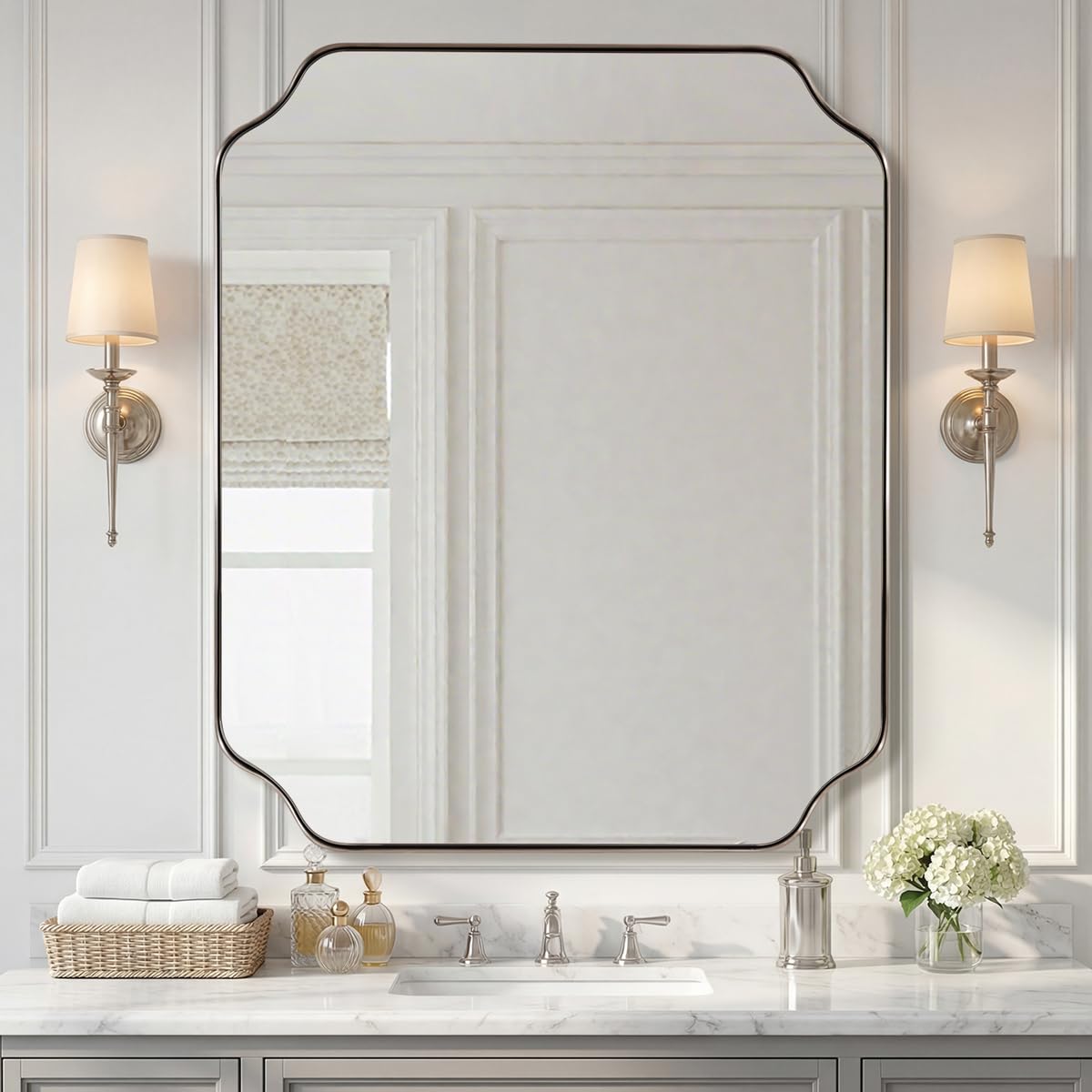 ANDY STAR Unique Rectangle Wall Mirror, 24"x32" Black Mirror, Modern Mirror with Aesthetic Scalloped Edge Design Ideal for Bathroom, Bedroom or Entryway, Thin Frame Deep 1’’