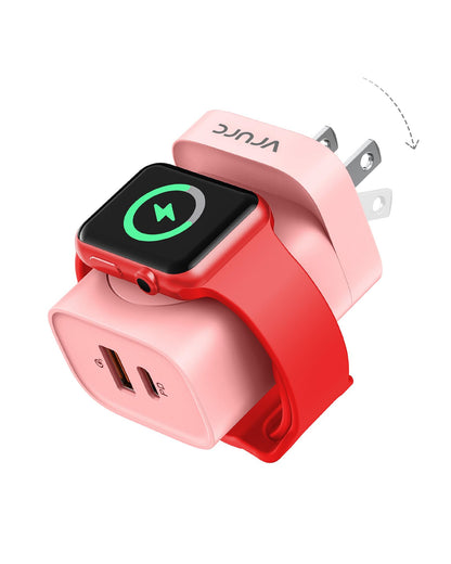 VRURC Fast Charger for Apple Watch, Built-in Wireless Magnetic Charging Station for iWatch SE/11/10/9/8/7/6/5/4, PD 20W USB C Charging Block, Foldable Wall Charger for iPhone 17/16/15/14/13-White