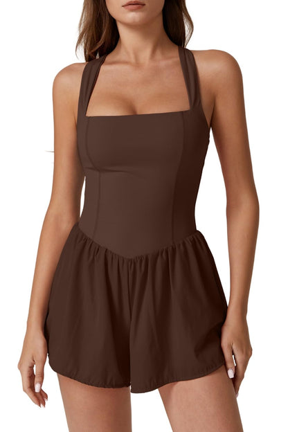 QINSEN Women's Square Neck Sleeveless Romper Jumpsuit