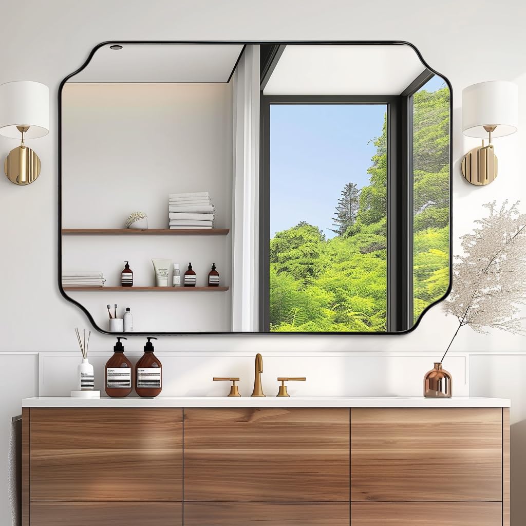 ANDY STAR Unique Rectangle Wall Mirror, 24"x32" Black Mirror, Modern Mirror with Aesthetic Scalloped Edge Design Ideal for Bathroom, Bedroom or Entryway, Thin Frame Deep 1’’