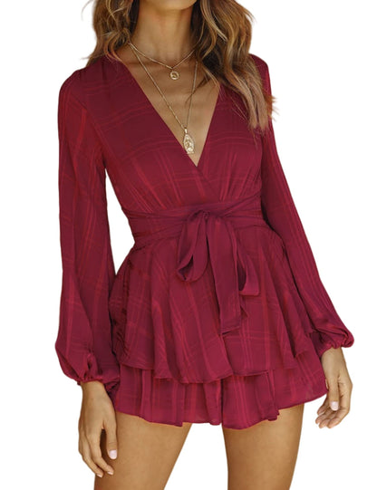 AIMCOO Women's Floral Print Deep V-Neck Romper Double Layer Ruffle Hem Jumpsuits Long Baggy Sleeves Waist Tie Short Rompers