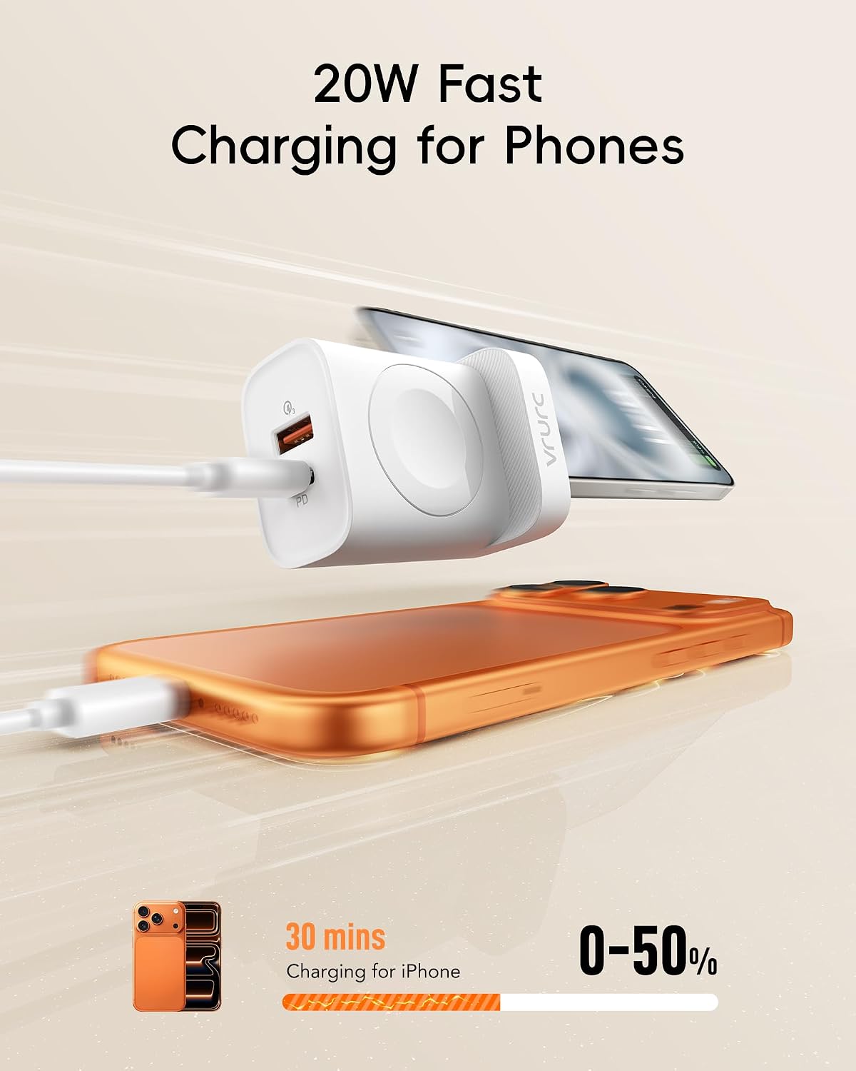 VRURC Fast Charger for Apple Watch, Built-in Wireless Magnetic Charging Station for iWatch SE/11/10/9/8/7/6/5/4, PD 20W USB C Charging Block, Foldable Wall Charger for iPhone 17/16/15/14/13-White