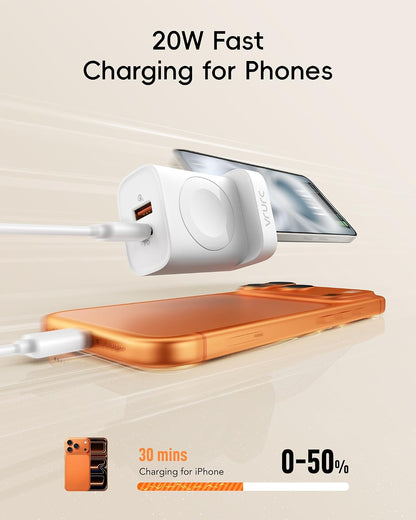 VRURC Fast Charger for Apple Watch, Built-in Wireless Magnetic Charging Station for iWatch SE/11/10/9/8/7/6/5/4, PD 20W USB C Charging Block, Foldable Wall Charger for iPhone 17/16/15/14/13-White