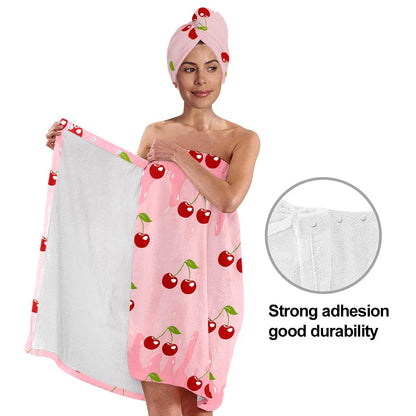 Strawberry Print Bath Wrap and Hair Drying Towel Set – Microfiber Quick Dry Shower Body Wrap for Women, Absorbent Spa Skirt with Elastic Band and Cute Bow Design (Strawberry 1)