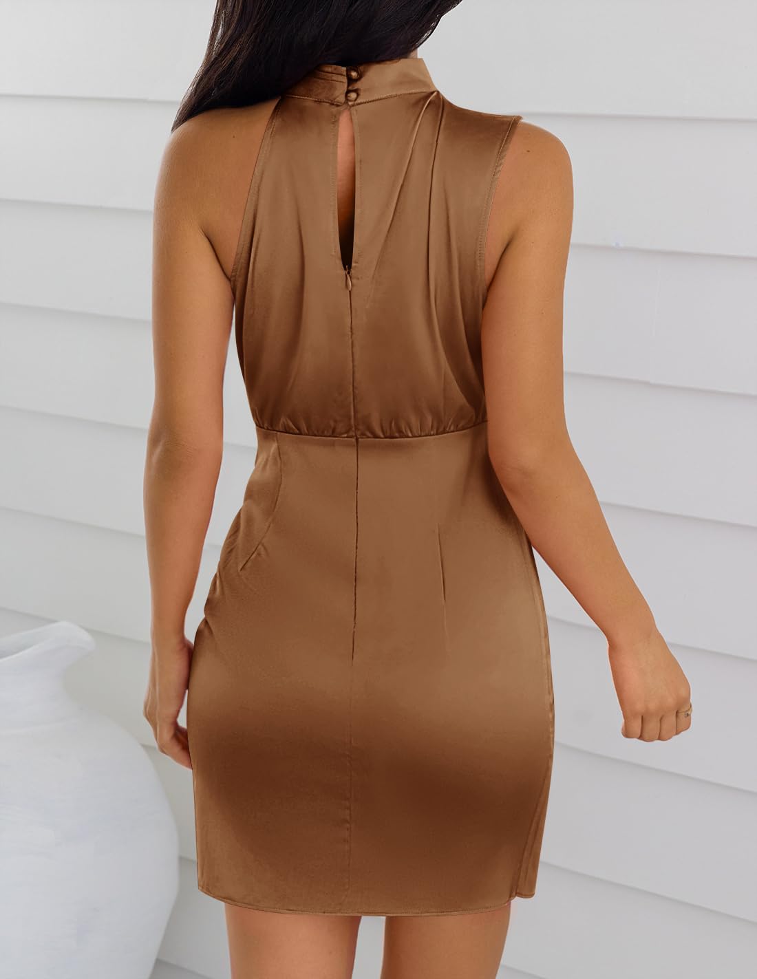 ZESICA Women's Satin Sleeveless Halter Tie Waist Wrap Bodycon Mini Dress | 2026 Summer Fashion Short Dresses, Silky High Waist Dress, Above Knee Length, Sexy Cocktail Party Club Outfits