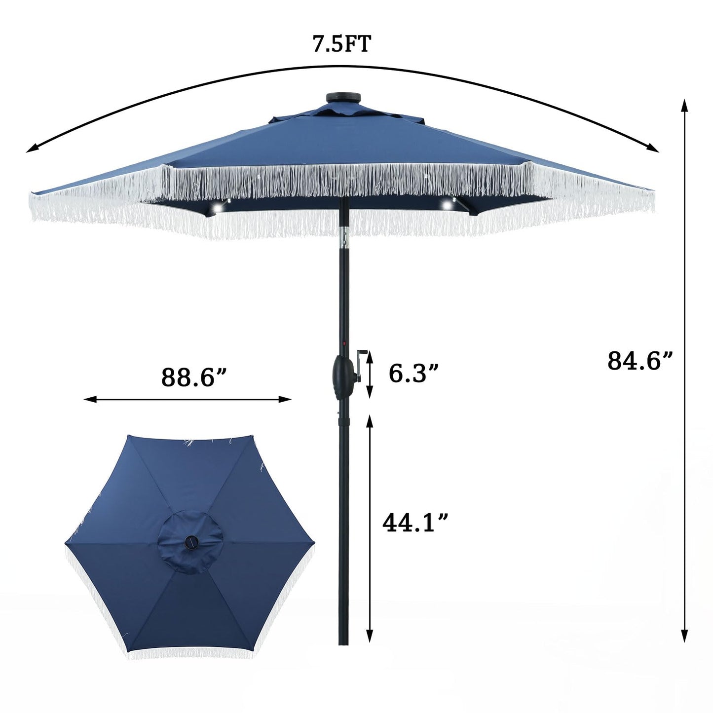 GDY 7.5ft Tassel Patio Umbrella and Matching Base, Outdoor Table Umbrella with 18 LED Lights,Market Umbrella with 6 Sturdy Ribs, with Push Button Tilt and Crank, Bright White