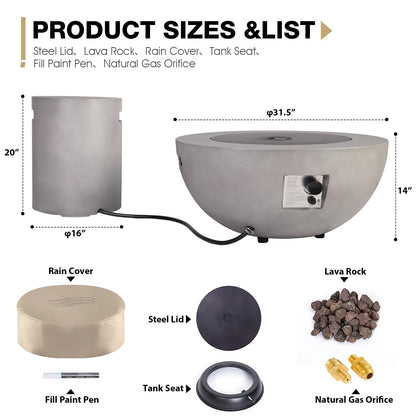 31.5 Inch Round Propane Fire Pit Table - Concrete Round Fire Bowl 50,000 BTU Natural Gas Firepit Burner with Steel Lid, Lava Rocks, Waterproof Cover for Outside Patio, Backyard, Party