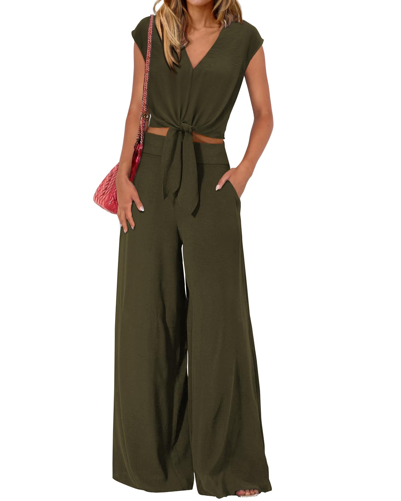 PRETTYGARDEN Women's Summer 2 Piece Outfits 2026 Cap Sleeve V Neck Belted Crop Tops Wide Leg Pant Sets Casual Tracksuit