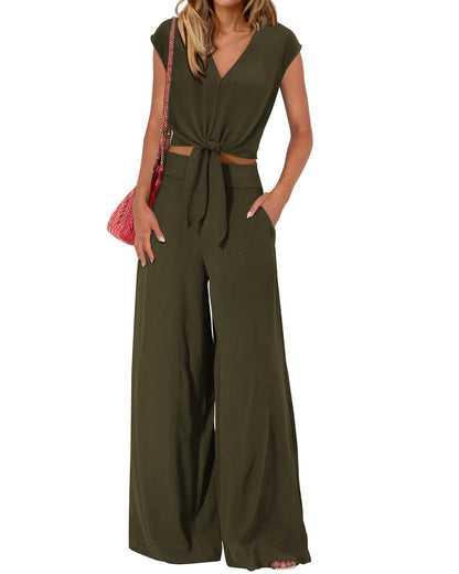 PRETTYGARDEN Women's Summer 2 Piece Outfits 2026 Cap Sleeve V Neck Belted Crop Tops Wide Leg Pant Sets Casual Tracksuit