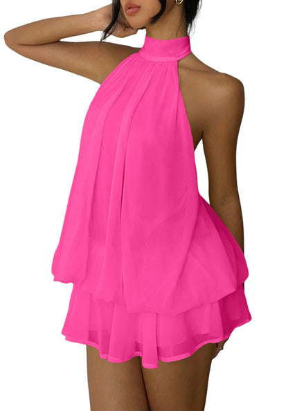 Women's Chiffon Halter Drop Waist Mini Dress Wedding Guest Dresses Ruffle Formal Club Holiday Brunch Outfits