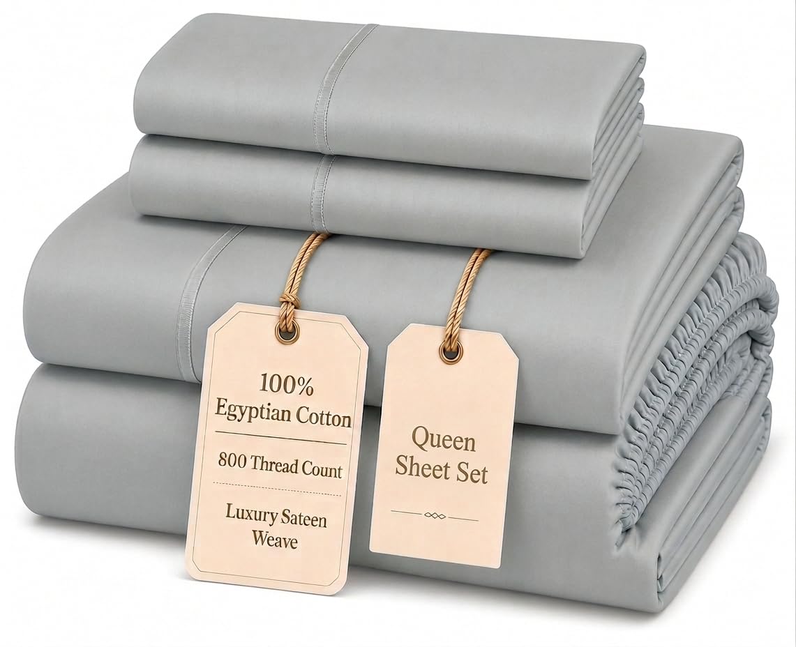 100% Egyptian Cotton Sheets King Size Sheets Set with Fully Elasticated 15" Deep Fitted Sheet & Pillowcase Sets, 800TC Sateen Weave Hotel Collection King Sheet Set, Soft Luxury White Bedding