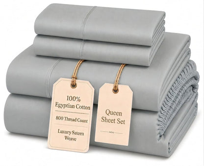 100% Egyptian Cotton Sheets King Size Sheets Set with Fully Elasticated 15" Deep Fitted Sheet & Pillowcase Sets, 800TC Sateen Weave Hotel Collection King Sheet Set, Soft Luxury White Bedding