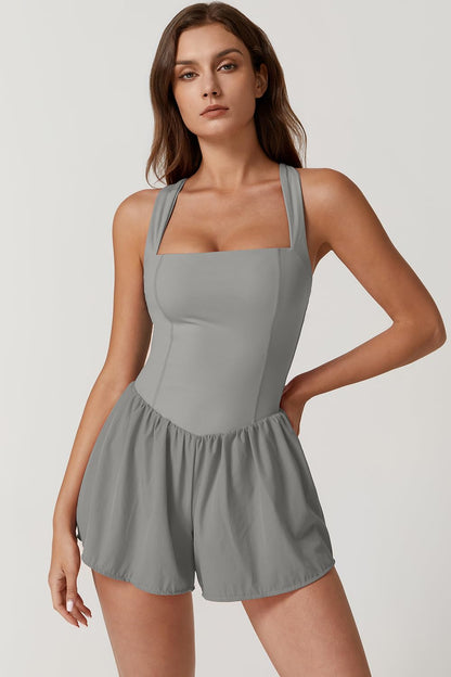 QINSEN Women's Square Neck Sleeveless Romper Jumpsuit