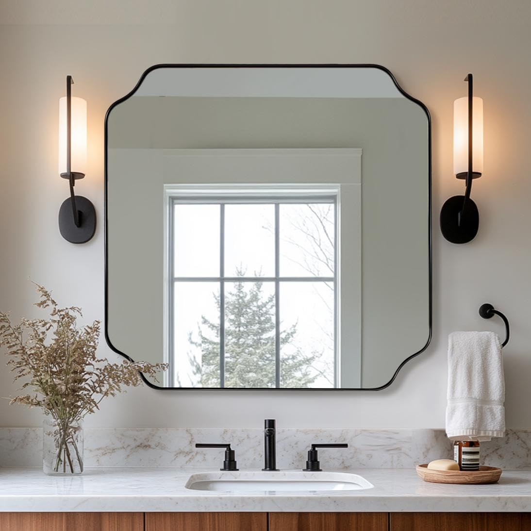ANDY STAR Unique Rectangle Wall Mirror, 24"x32" Black Mirror, Modern Mirror with Aesthetic Scalloped Edge Design Ideal for Bathroom, Bedroom or Entryway, Thin Frame Deep 1’’