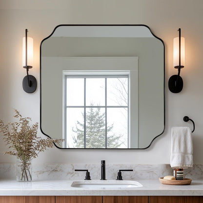 ANDY STAR Unique Rectangle Wall Mirror, 24"x32" Black Mirror, Modern Mirror with Aesthetic Scalloped Edge Design Ideal for Bathroom, Bedroom or Entryway, Thin Frame Deep 1’’