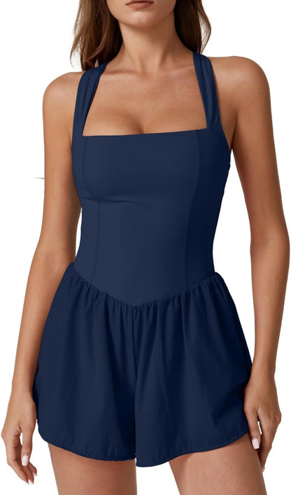 QINSEN Women's Square Neck Sleeveless Romper Jumpsuit