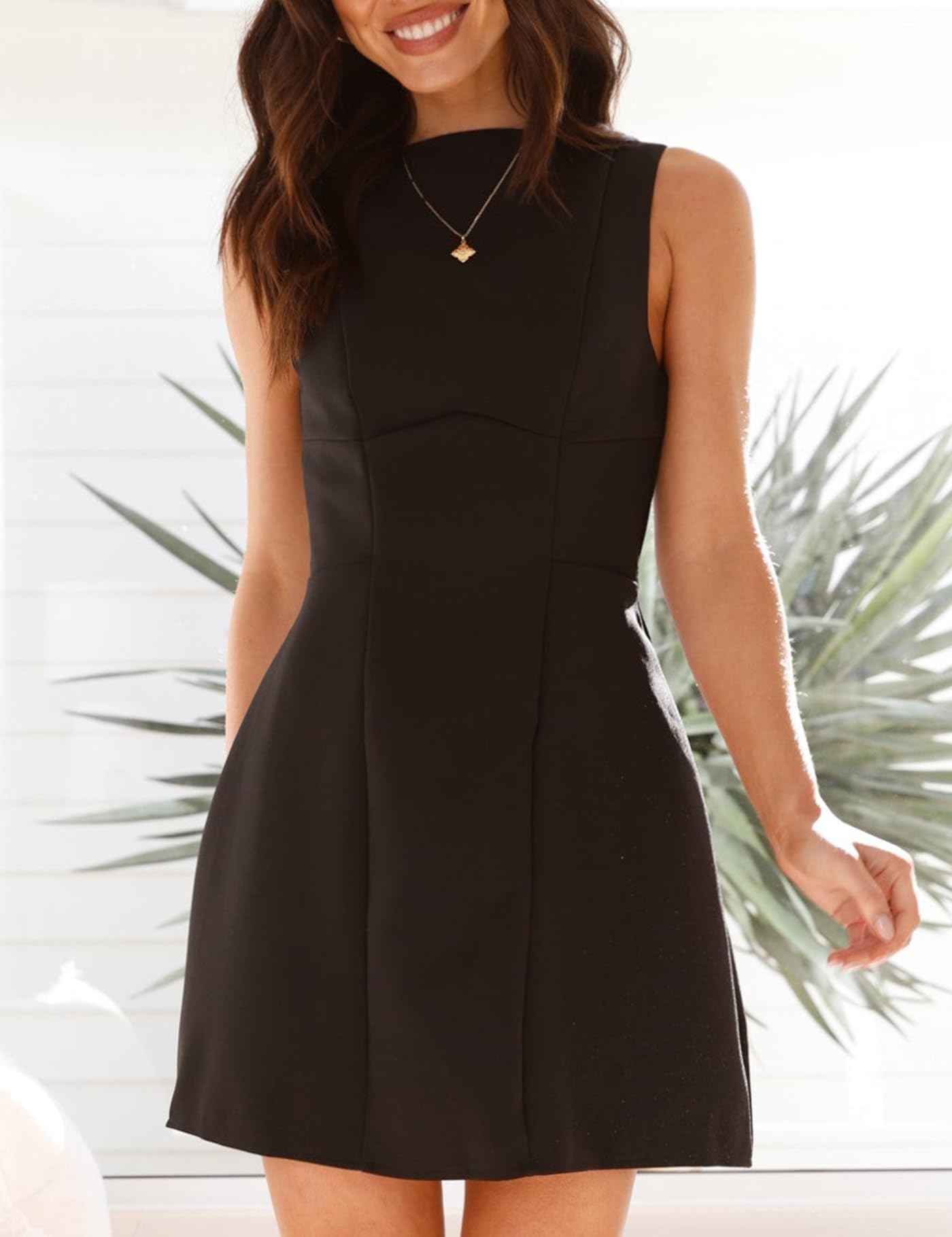 OWIN Women’s Summer Casual Boat Neck Sleeveless Elegant Flared A Line Swing Club Cocktail Party Short Mini Dress