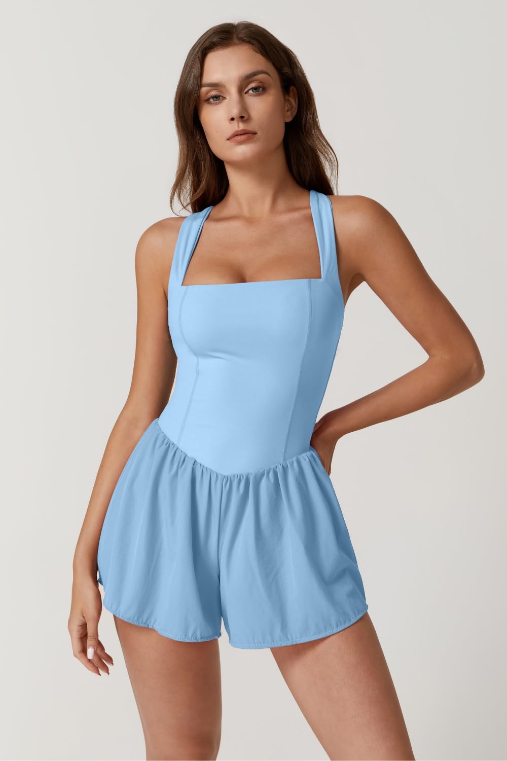 QINSEN Women's Square Neck Sleeveless Romper Jumpsuit