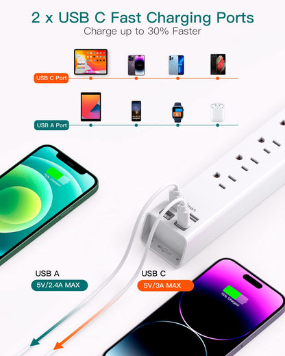 Addtam Power Strip Surge Protector - 15ft Long Extension Cord