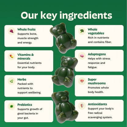 Gruns Adult Super Greens Multivitamin Gummies, Superfood Gummy Vitamins for Women and Men with Spirulina, Chlorella, Adaptogens & Prebiotic Fiber for Digestive Health (28 Count) (Pack of 2)
