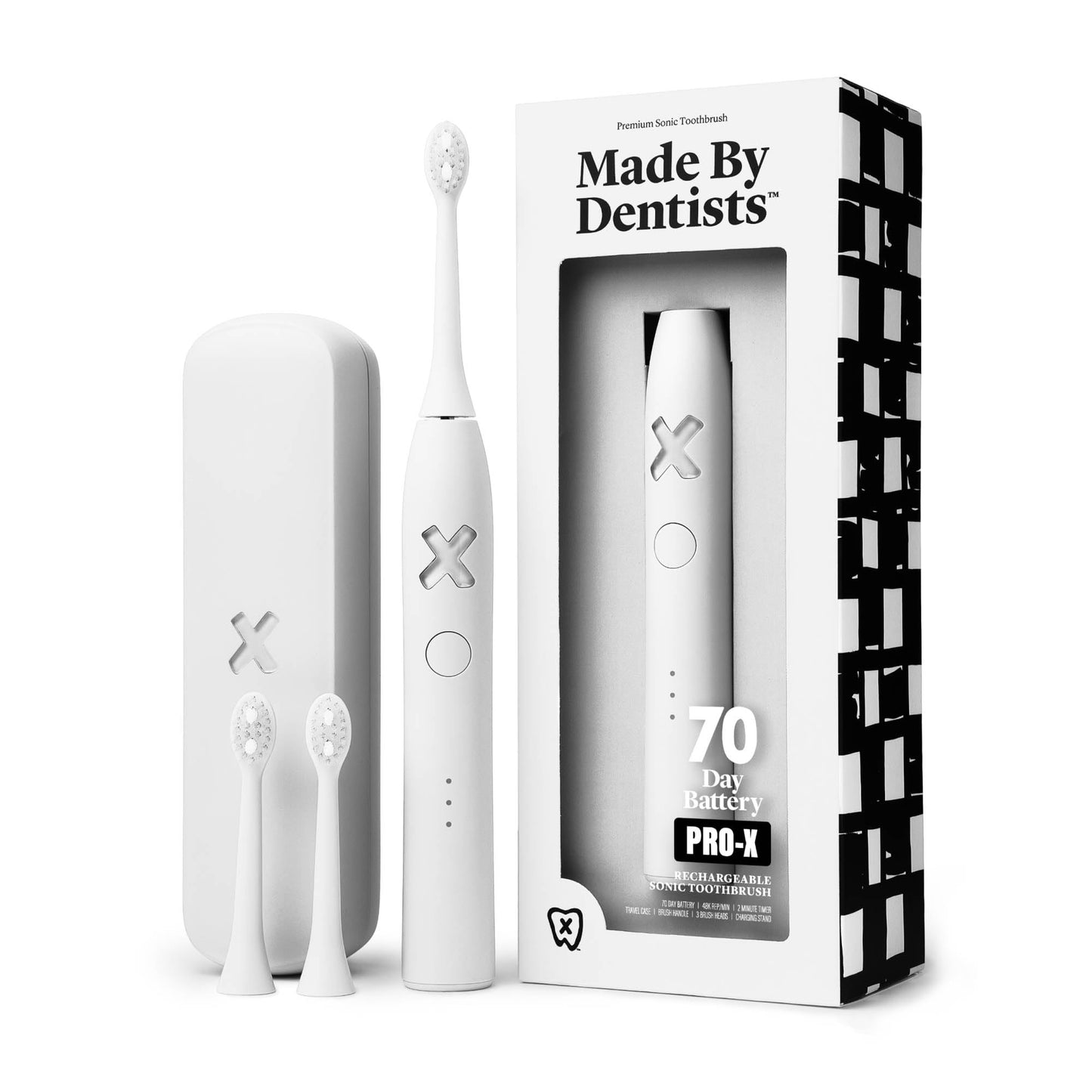 Made by Dentists PRO‑X Sonic Electric Toothbrush for Adults – 70‑Day Battery on One Charge, Dentist‑Designed Whitening Rechargeable Toothbrush, 3 Brush Heads & Travel Case, 3 Modes, Black