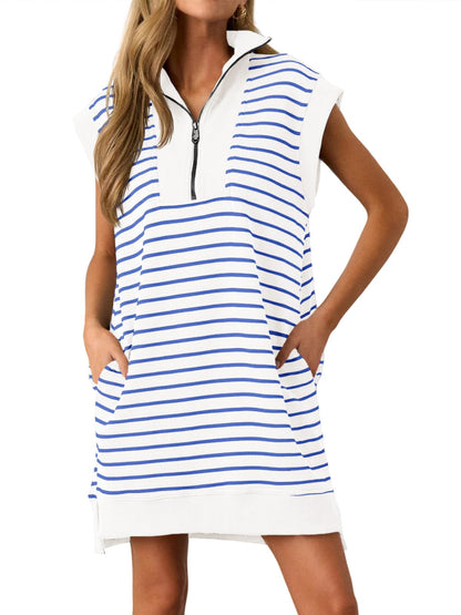 Wenrine Womens Striped Zipper Collar V Neck Loose Knit Summer Mini Dress
