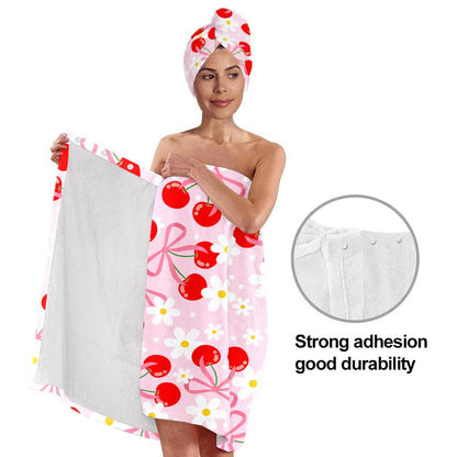 Strawberry Print Bath Wrap and Hair Drying Towel Set – Microfiber Quick Dry Shower Body Wrap for Women, Absorbent Spa Skirt with Elastic Band and Cute Bow Design (Strawberry 1)