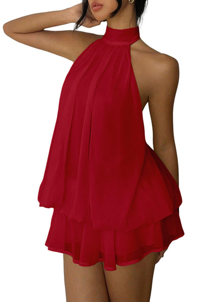 Women's Chiffon Halter Drop Waist Mini Dress Wedding Guest Dresses Ruffle Formal Club Holiday Brunch Outfits