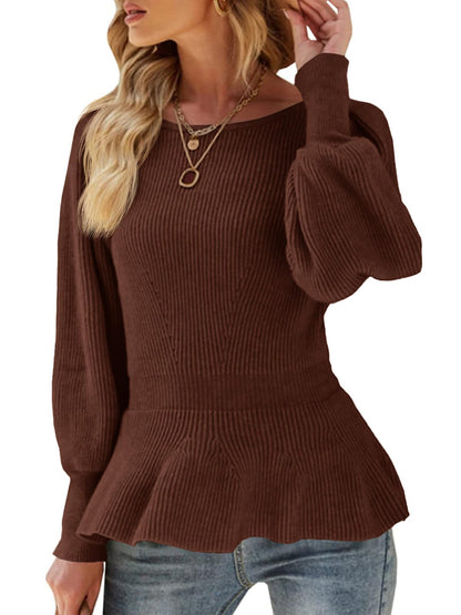 Womens Fall Puff Sleeve Peplum Casual Slim Fit Knit Pullover Sweater