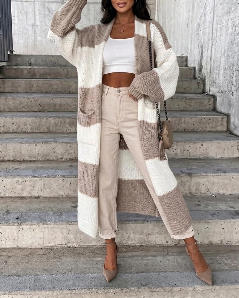 CHICME Open Front Oversized Long Knit Cardigan Sweater with Pockets
