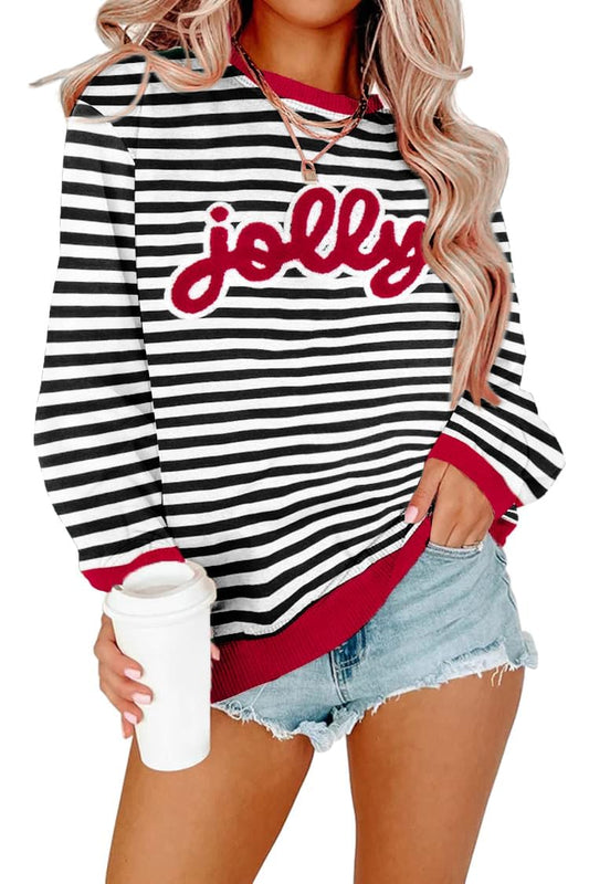 Christmas Sweatshirts For Women Jolly Glitter Patch Striped Sweater
