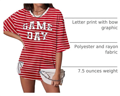 Football Shirts for Women Oversize Game Day T-Shirts Bow Side Split T-Shirt | Football Season Graphic Tee Tops Oversize Football Graphic Short Sleeve Tee Top