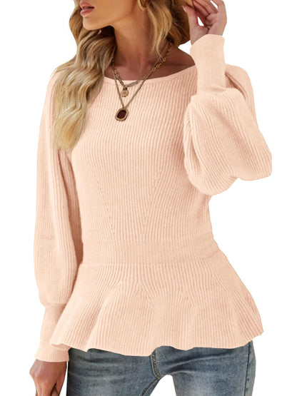 Womens Fall Puff Sleeve Peplum Casual Slim Fit Knit Pullover Sweater