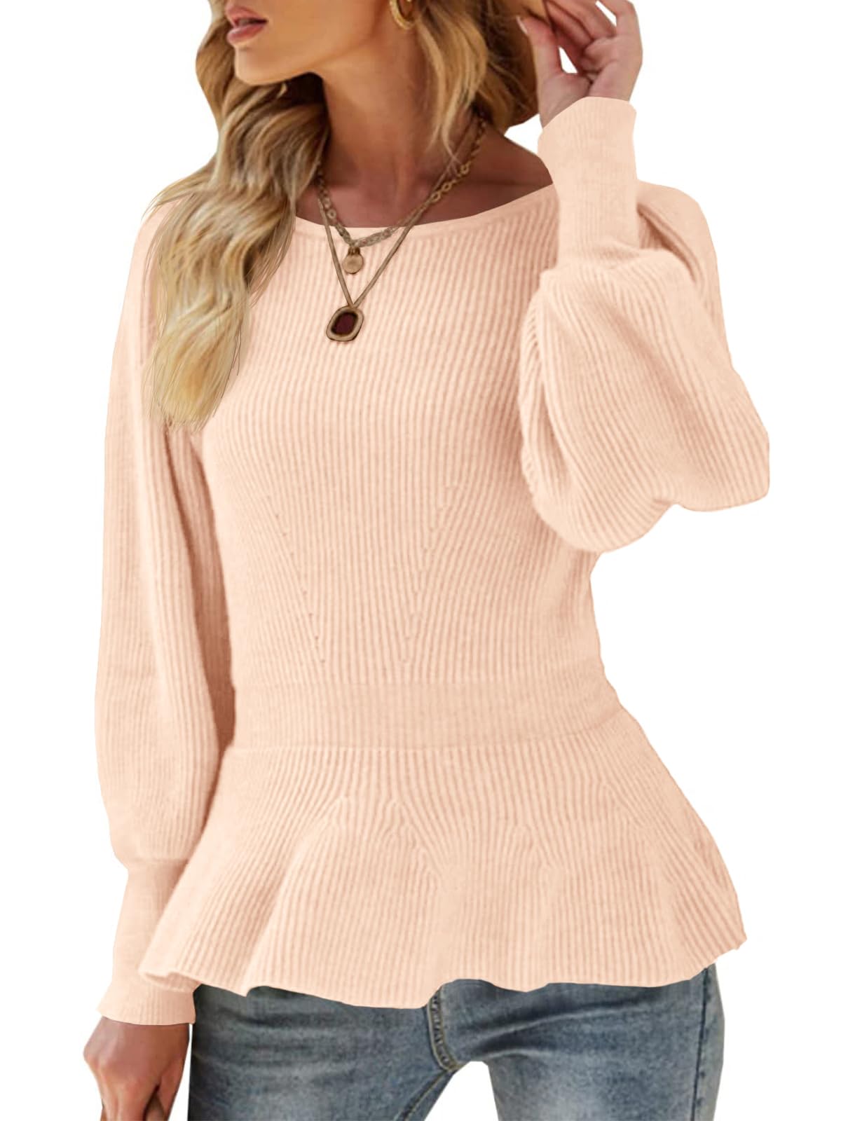 Womens Fall Puff Sleeve Peplum Casual Slim Fit Knit Pullover Sweater