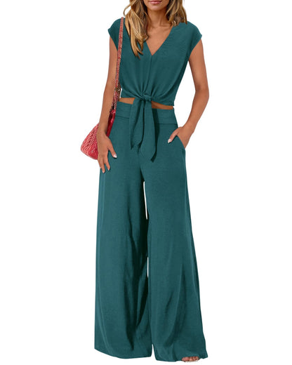 PRETTYGARDEN Women's Summer 2 Piece Outfits 2026 Cap Sleeve V Neck Belted Crop Tops Wide Leg Pant Sets Casual Tracksuit