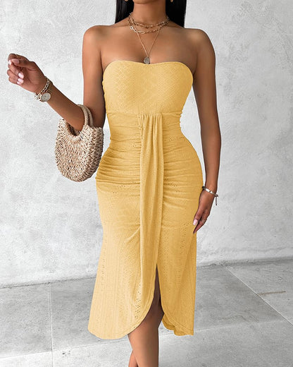 CHICME Women's Strapless Bodycon Maxi Dress Asymmetrical Hem | Ruched Wrap Detail, Eyelet Embroidery, Soft Stretch Fabric, Tube Top Neckline, Beach Vacation Wear, Wedding Guest Outfit