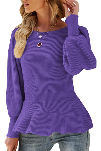 Womens Fall Puff Sleeve Peplum Casual Slim Fit Knit Pullover Sweater