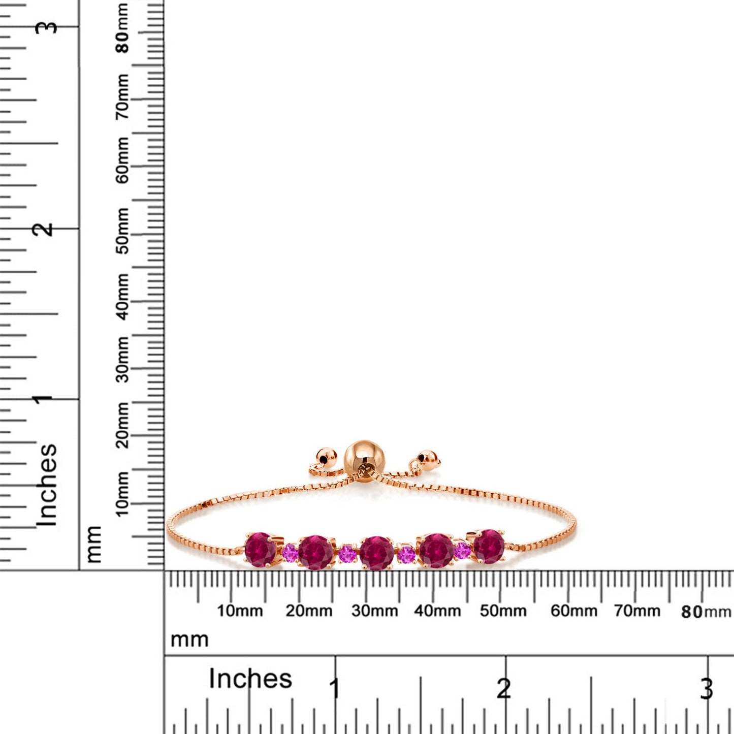 Gem Stone King Gemstone Birthstone and Pink Sapphire Tennis Bracelet 18K Rose Gold Plated Silver | Round 5MM and 2.5MM | Adjustable Bolo Design | Easy-On Easy-Off