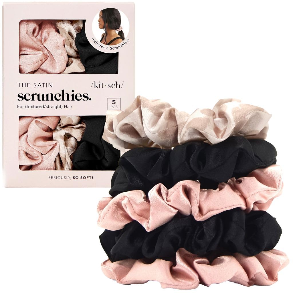 Kitsch Ultra-Petite Satin Scrunchies for Women - Cherry Blossom, 5pcs