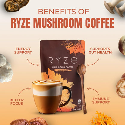 RYZE SUPERFOODS Mushroom Medium Roast Coffee USDA Organic with 6 Adaptogenic Mushrooms, USA Grown Instant Coffee for Better Energy, Focus Digestion Immunity with Lions Mane & Turkey Tail 30. Pack of 1