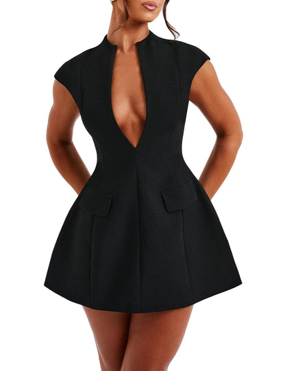 LuFeng Women's Sexy Cap Sleeve Deep V Neck Zipper A-line Mini Dress