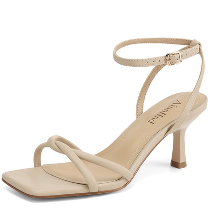 AIUNIIND Women's Kitten Low Heel Sandals, Strappy Square Open Toe 2.5 inch | Adjustable Ankle Strap, Comfortable All Day, for Summer, Going out, Dress, Party, Prom, Wedding Guest Occasions
