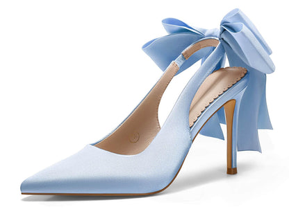 Coutgo Womens Slingback High Heels with Bow Closed Pointed Toe Wedding Bride Dress Shoes Satin Pumps