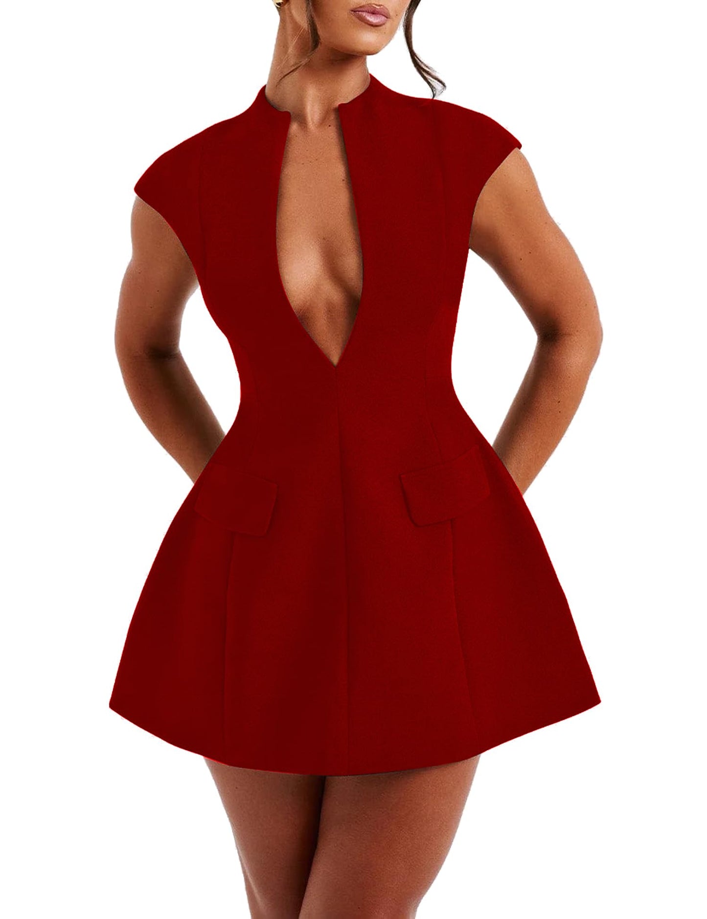 LuFeng Women's Sexy Cap Sleeve Deep V Neck Zipper A-line Mini Dress